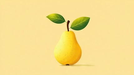  A pear with a green leaf on its head against a yellow background