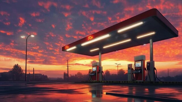 Illuminated Gas Station Glows Under Dramatic Sunset with Reflective Wet Ground
