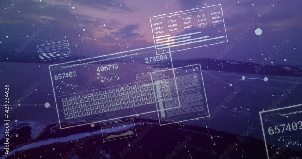 Poster central interface panel floating above twilight ocean, displaying numeric readouts and node graphs