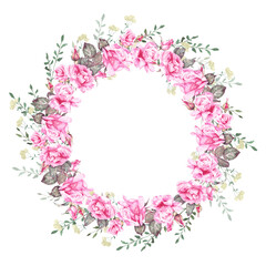 Watercolor hand drawn illustration of a wreath of flowers. Wreath of watercolor roses. Decor for wedding, birthday, children's party and seasonal holidays.