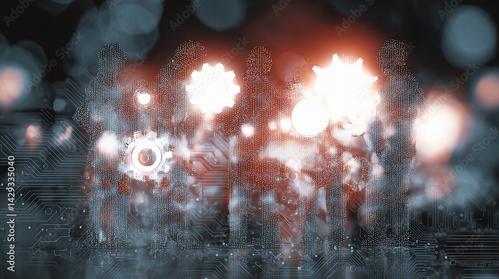 Poster abstract team huddle on circuit board with layered digital elements