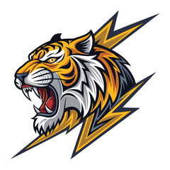 A ferocious bionic tiger head, roaring fiercely, engulfed in a vibrant electric blue bolt.  Cybernetic details are visible.