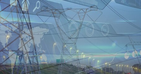 High-voltage transmission towers displaying digital UI overlay, featuring world map, gauges, charts - Powered by Adobe