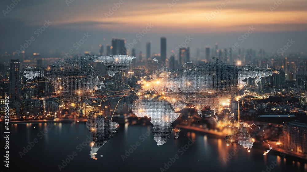 Poster abstract holographic world map with glowing data points and lines