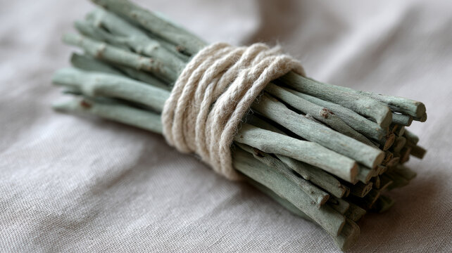 Bundle of sticks tied with twine on fabric surface.