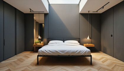 Modern interior design architecture photography: This interior photograph showcases a modern bedroom featuring a dark gray accent wall, a minimalist bed with white linens, and a skylight illuminatin