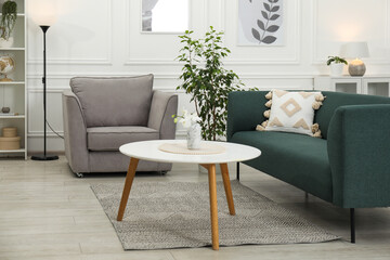 Stylish living room interior. Comfortable sofa, armchair, coffee table and houseplants indoors