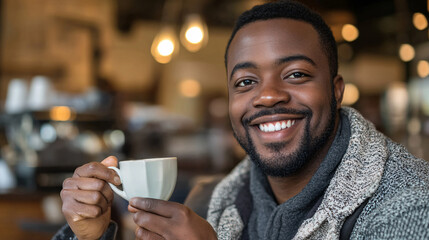 35 year old black, African-American man seated holding a white coffee cup in a restaurant with the coffee shop in the background with warm tones. DEI, DEIB