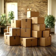 Cardboard boxes are artistically piled in a bright, inviting indoor space with greenery