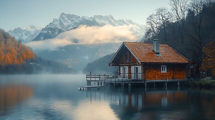 Obraz premium Lakeside cabin nestled amidst autumnal mountains. Foggy morning over tranquil lake
