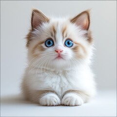 A fluffy white kitten with striking blue eyes looks curiously at everyone
