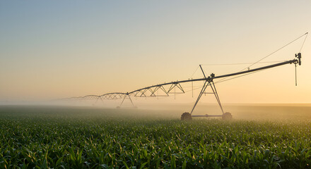 Agricultural Irrigation System Watering a Green Field at Sunset with Mist in a Rural Landscape