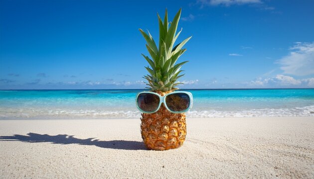 pineapple in sunglasses on a tropical beach with white sand and turquoise sea