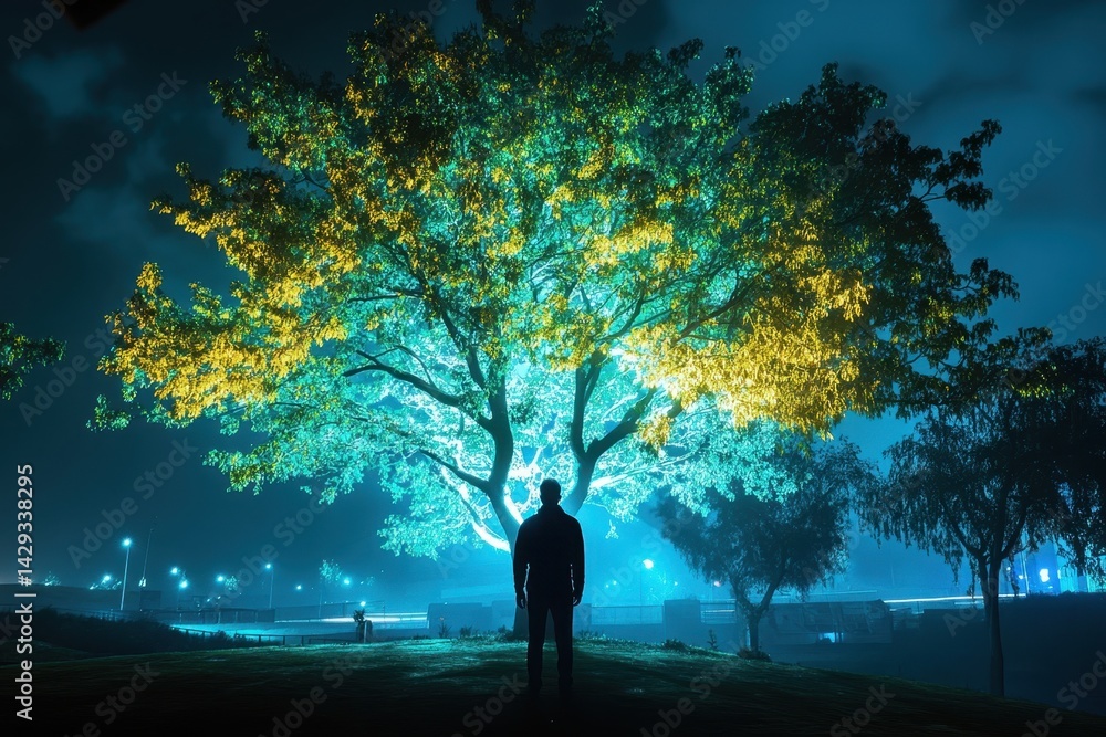 Poster nighttime view of a illuminating tree with a silhouette in a tranquil setting
