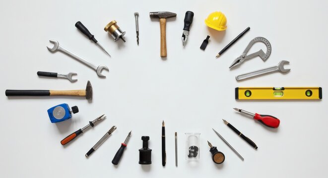 Assorted tools and writing implements arranged in a circle on a white background surface top down view - Labor Day