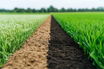 Divided farmland showcasing soil contrasts. Lush crops meet bare earth, presenting an agricultural study in growth and land management practices.