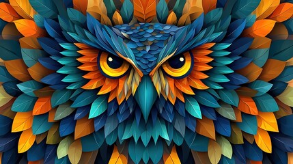 Obraz premium An image of an owl's face, made from colored leaves arranged in the shape of an owl's head
