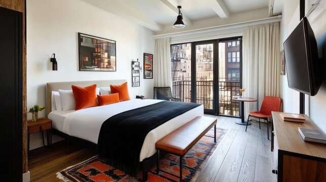 Modern hotel room, city view, king bed, wood floors