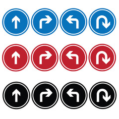 Go straight, this way, one way, only u turn left and right black arrow sign. Vector illustration.
