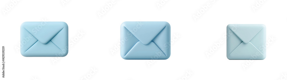 Poster blue envelopes with triangular flaps in various sizes and shapes on display