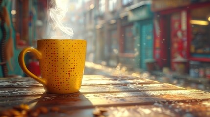 In a charming alleyway, a colorful cup emits steam while morning light filters through