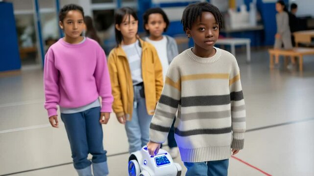 Multicultural students collaborating with robot technology for society