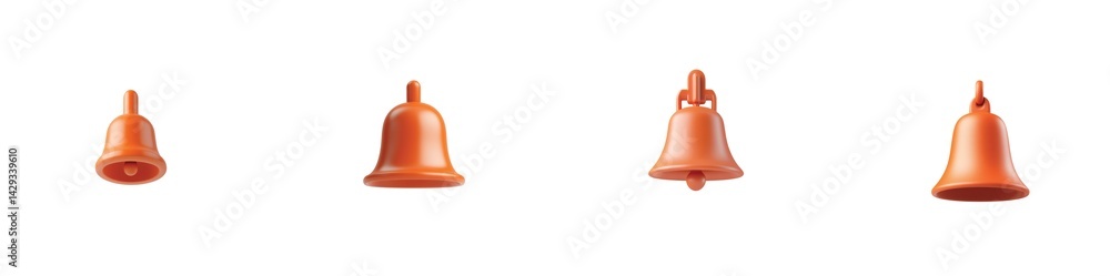 Poster collection of four orange bell shaped objects displayed in different angles and perspectives