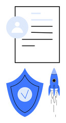 Profile document icon with user avatar, shield with checkmark for security, and rocket for progress. Ideal for identity management, security, business growth, progress, startup, innovation simple