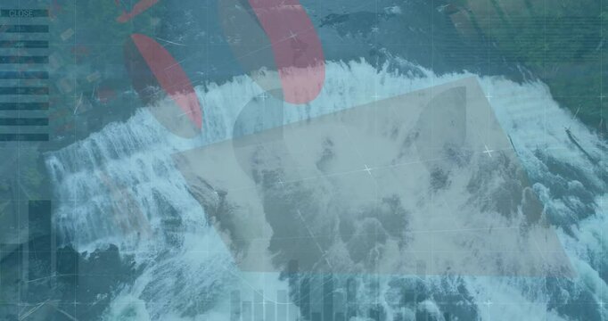 Drone capturing dam spillway pouring water over crest, displaying HUD grids in 3D render