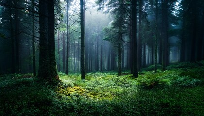 Fototapeta premium dark forest with green foliage and grass