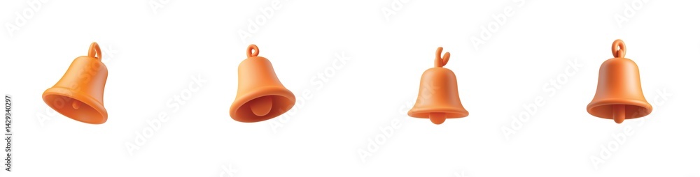 Poster four orange bells with loops displayed in different angles and organized in a horizontal row