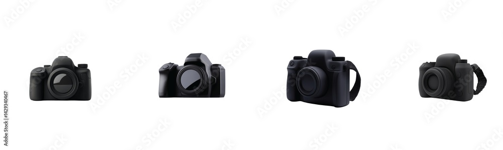 Poster collection of black cameras with various designs and modern features in a side-by-side layout