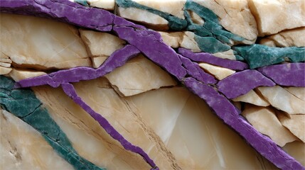 Close-up of colorful fractured marble stones with purple, green, and beige tones in high detail