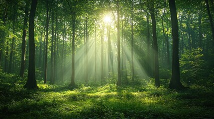 Obraz premium Sunbeams Illuminate Lush Green Forest