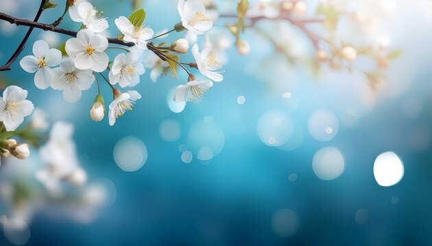 spring blossom background white blossoms blooming on tree branches spring flowers on blurred blue background with bokeh springtime vibes