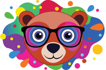 Colorful artistic bear in eyeglasses with colorful paint splatters on white background.