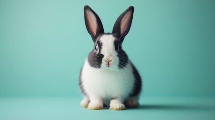 Fototapeta premium Fluffy black-and-white bunny, calmly sitting on a pastel green minimalist backdrop
