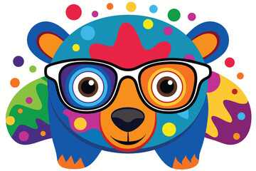 Colorful artistic bear in eyeglasses with colorful paint splatters on white background.