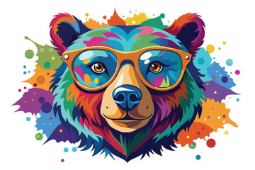 Colorful artistic bear in eyeglasses with colorful paint splatters on white background.