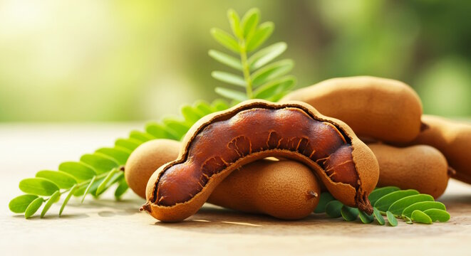 Tamarind fruit with leaves for  Indian or Gujarati food cooking such as panipuri, golgappa, rasam, dal, soup, chutney, paste, sarbat, blur green background, copy space