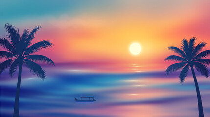 Fototapeta premium Vector Tropical Ocean Sunset with Smooth Water and Boat Silhouette in Spectrum Gradient Colors
