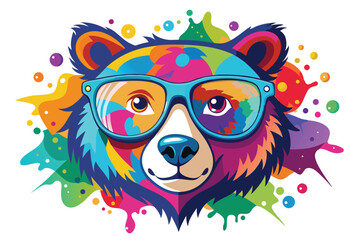 Colorful artistic bear in eyeglasses with colorful paint splatters on white background.
