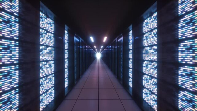 3D Data Center Loop: Futuristic Big Data Cloud Computing Corridor with Flashing Server Lights, High-Speed Optic Fiber Network, Vibrant Digital Infrastructure, Seamless 4K Animation
