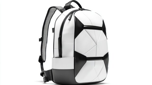White graphic backpack with angular line patterns, external storage pockets, and ergonomic shoulder straps, isolate on white background