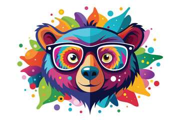 Colorful artistic bear in eyeglasses with colorful paint splatters on white background.