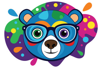 Colorful artistic bear in eyeglasses with colorful paint splatters on white background.