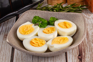 Boiled chicken eggs with bright yolk