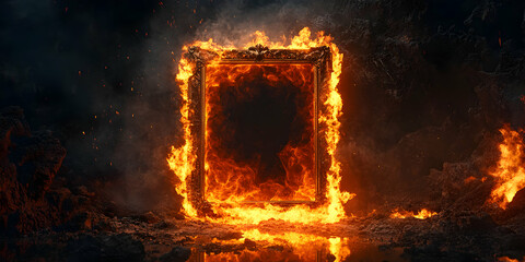Inferno's Embrace: A fiery portal framed in a surreal landscape vision