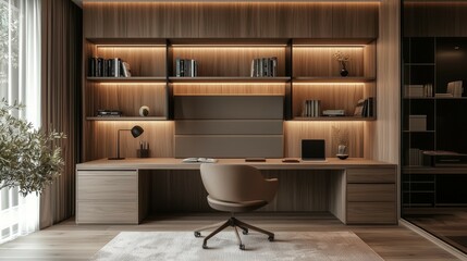 Home Office Desk Setup with Built-In Shelving in Warm Neutral Tones with Wooden Floor Elegant Modern Interior Design for Workstudy or Productivity