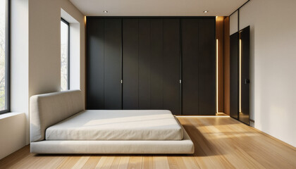 Obraz premium Modern interior design architecture photography: This interior design photograph showcases a minimalist bedroom featuring a low platform bed, a dark built-in wardrobe with accent lighting, and a lar